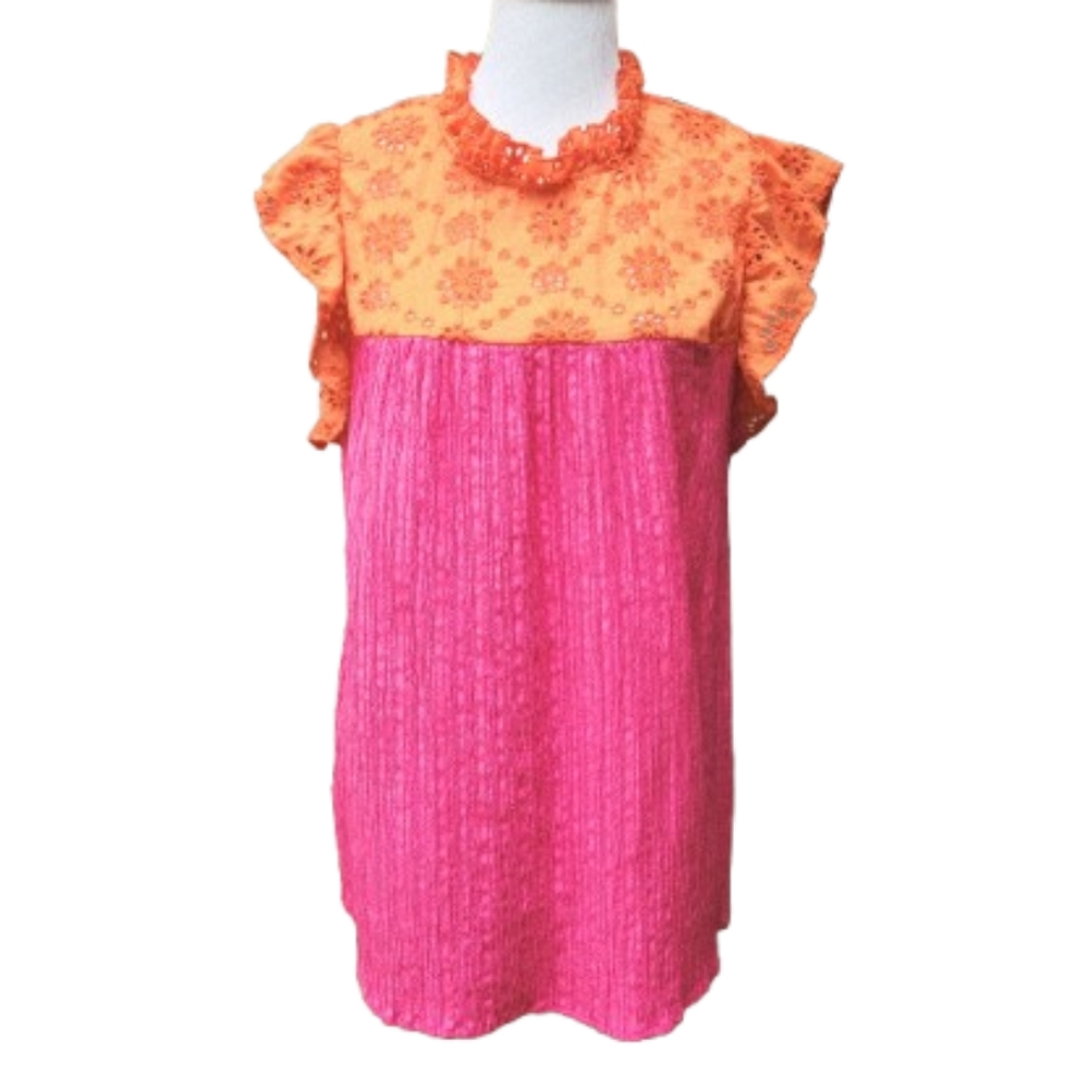 SHEIN Plus Bright Color-Block Mixed Media Blouse Orange Pink Floral Ruffle